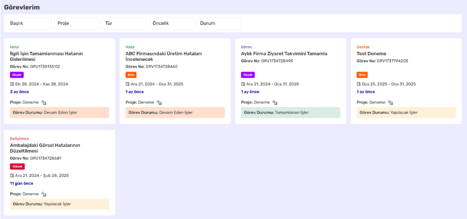 Flexit24 Proje Görevlerim Yönetim Ekranı